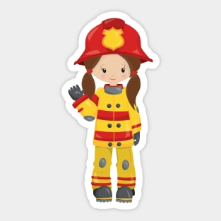 Girl Fireman, Female Firefighter, Brown Hair Sticker